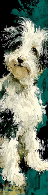 Free dog bookmarks featuring a furry dog on teal